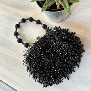 Black Beaded Dress Purse with Silver Clasp.